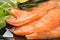 Salted salmon. The texture of red fish. Macro photography of