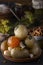 Salted tomatoes in a wooden plate on a background of fermented foods