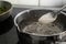 Salting boiling water in pot on stove