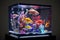 Saltwater coral reef aquarium at home is most beautiful live decoration. Exotic tropical fishes in big aquarium