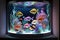 Saltwater coral reef aquarium at home is most beautiful live decoration. Exotic tropical fishes in big aquarium