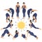 Salutation to the sun is a form of worship in Hinduism. Exercise or properly posture flat. In minimalist style. Cartoon