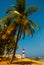 SALVADOR, BAHIA, BRAZIL: Farol De Itapua on the rough sea. Tropical landscape on the beach with palm trees and lighthouse