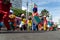 Salvador, Bahia, Brazil - February 11, 2023: Low view of the Zambiapunga cultural group parading in Fuzue, pre-carnival in