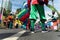 Salvador, Bahia, Brazil - February 11, 2023: Low view of the Zambiapunga cultural group parading in Fuzue, pre-carnival in