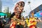 Salvador, Bahia, Brazil - February 11, 2023: Members of a traditional afro group dressed in costume parade in Fuzue, pre-carnival