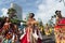 Salvador, Bahia, Brazil - February 11, 2023: Members of a traditional afro group dressed in costume parade in Fuzue, pre-carnival