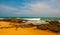 SALVADOR, BAHIA, BRAZIL: Tropical landscape on the Itapua beach with rocks by the sea in Sunny weather