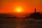 SALVADOR, BRAZIL: Portrait of the Farol da Barra Salvador Brazil lighthouse. Beautiful landscape with verm at sunset