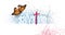 Salvation word and Christian cross and symbolic butterfly graphic splatter background