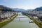 Salzach River dividing the beautiful city of Salzburg in Austria
