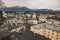 Salzburg Austria European medieval city street from above in December winter time with cathedral and living buildings foreground