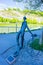 Salzburg, Austria - May 01, 2017: Nude bronze statue of Radfahrer Cyclist by Lotte Ranft next to Makartsteg bridge in
