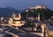 Salzburg cityscape at night with fortress Hohensalzburg, Austria