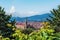 Salzburg panorama, framed by trees on a summer day.