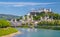 Salzburg skyline with Festung Hohensalzburg and Salzach river in summer