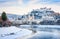 Salzburg skyline with river Salzach in winter, Salzburger Land, Austria