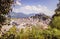 Salzburg summer time: Panoramic city landscape with Salzach with green grass and historic district