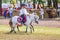 Samara, August 2018: Children in Russian national costumes sit on a pony