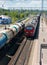 Samara Chapaevsk, Russia-July. 26. 2020: railway platform, solid and liquid cargo trains, logistics concept