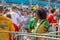 Samara, June 2018: beautiful football cheerleader smiling at the World Cup