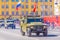 Samara, May 2018: a column of army special armored vehicles `Tiger` in the city. Spring sunny day.