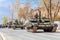 Samara, May 2018: Russian main tank T-72B3 with dynamic armor in the city