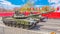 Samara, May 2018: Russian main tank T-72B3 with dynamic armor in the city