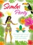 Samba party poster, invitation, flyer. Brazilian dancer, tropical plants, parrot, toucan, flowers. Brazil carnival