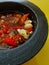 Sambal or sambel korek or setan or pedas or cabai or cabe or traditional hot chilli.