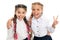 On same wave. Schoolgirls wear formal school uniform. Sisters little girls with braids ready for school. School fashion