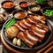 Samgyeopsa, Thick slices of pork belly grilled at the table and often eaten with garlic, green onions, and a dipping sauce