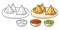 Samosa on board with sauces in bowl. Vector color engraving