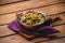 Samosa chat masala spoon dish wooden board traditional indian cuisine