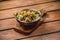 Samosa chat masala spoon dish wooden board traditional indian cuisine