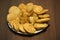 Samosa and matthi mathari/kachori Indian dish made of fine wheat flour stuffed with potato mesh served in glass dish with wooden