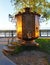 Samovar statue in Volga river embankment. Kineshma, Russia