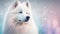 Samoyed Dog Medium Shot White Pink Blue Magical Fantasy Bokeh. Generative AI