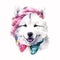 Samoyed Puppy Fun: A Cute and Colorful Watercolor Stock Photo with Glasses and Bow! AI Generated