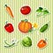Sample design of placard with cute ripe vegetables. Sketch of poster with striped texture backdrop, banner, placard