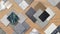 samples of interior material contains ceramic tiles, artificial stones, marbles, stainless, quartz, terrazzo placed on wood table