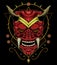 Samurai mask, kabuki illustration.  red devil face illustration.  head of red demon. japanese mask