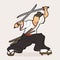 Samurai standing ready to fight with swords cartoon graphic