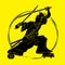 Samurai standing ready to fight with swords cartoon graphic