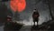 Samurai standing on stairway in night forest with the red moon on background