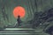 Samurai standing on stairway in night forest with the red moon on background