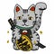 Samurai Tabby lucky cat with Japanese word mean lucky cartoon illustration