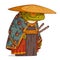 A Samurai, vector illustration. Calm anthropomorphic frog, wearing a beautiful patterned kimono and straw hat