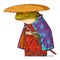 A Samurai, vector illustration. Calm anthropomorphic frog, wearing a kimono and straw hat