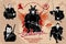 Samurai warriors - vector set illustration. Silhouette of japanese fighters with katana.